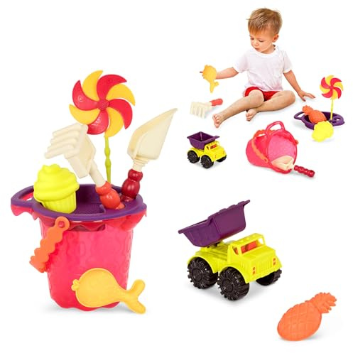 B. toys – Sands Ahoy! Strandspielzeug-Set mit drehendem Windrad | 9-teiliges Strandspielzeug mit Eimer, Windrad, Mini-Muldenkipper, Sieb, Harke, Schaufel und 3 Formen, 18+ Monate