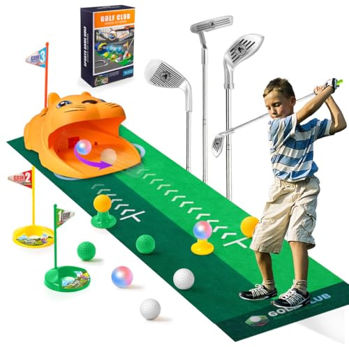 Kazaigou 18 Stück Minigolf Set Spielzeug für Kinder, Kinder Golf Spiele Indoor Outdoor Golfkoffer Spiel Set mit 3 bunten Golfschläger, 8 Bälle, Putting Matte Spielzeug für Jungen