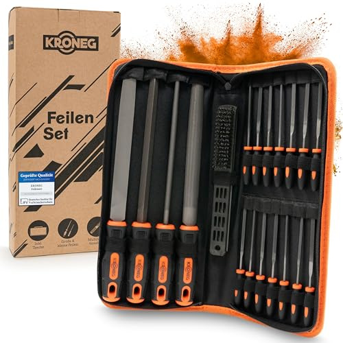 KRONEG Feilenset - [21-teiliges] Feilen Set - Hochwertige Stahl Metallfeilen für Holz, Metall & Kunststoff - Feilensatz mit Kreuzhieb - Schlüsselfeilen - Inkl. Tragetasche, Drahtbürste & 4-in-1 Feile