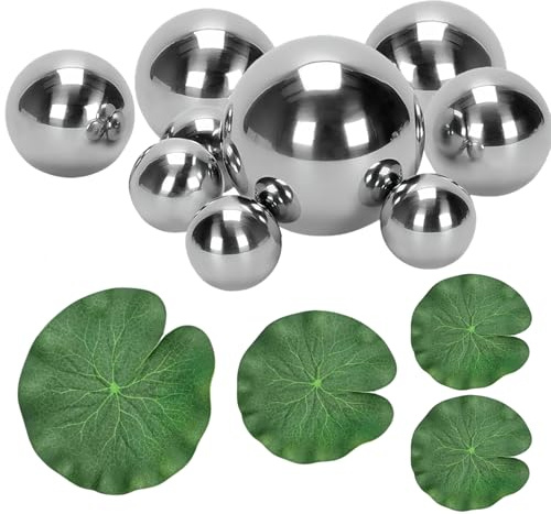 YUESIKJ 9er Dekokugel Schwimmkugeln Silber Edelstahl Dekokugel Silber mit 4 Schwimmend Lotusblätter Schwimmkugeln Teichkugeln für Teich Miniteich Zierbrunnen Metallkugel Gartenkugel Garten Deko Kugel