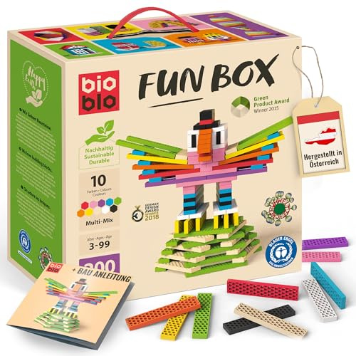 bioblo Nachhaltige Holzklötze Fun Box Multi Mix 200 Stück | 100% frei von Weichmachern & Waschbar | Kein abfärben oder absplittern durch Spritzgussverfahren | Pädagogisches Spielzeug 3 Jahre