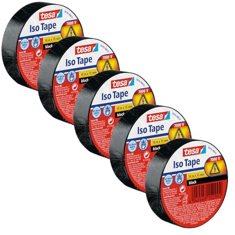 tesa Isolierband im 5er Pack- Selbstklebendes Isolierband, hitzebeständig - Zum Isolieren, Reparieren und Bündeln - 5x 10 m : 15mm - Schwarz