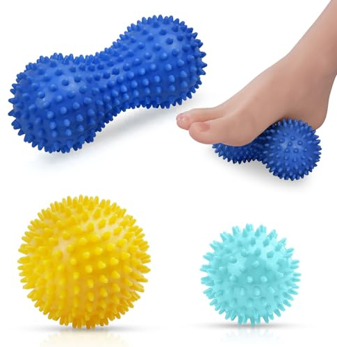 URAQT Massagebälle Faszienball, 3er Set Igelball Set, Spiked Massage Ball Hart, Massagebälle mit Noppen,für Rücken Beine Füße Hände(Hellblau+Dunkelblau+Gelb)