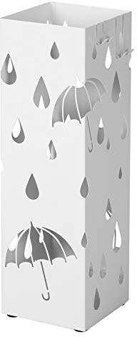 SONGMICS Regenschirmständer aus Metall, mit Haken, 15,5 x 15,5 x 49 cm | Quadratischer Schirmständer, Wasserauffangschale herausnehmbar, weiß, PATSY Kollektion LUC49W