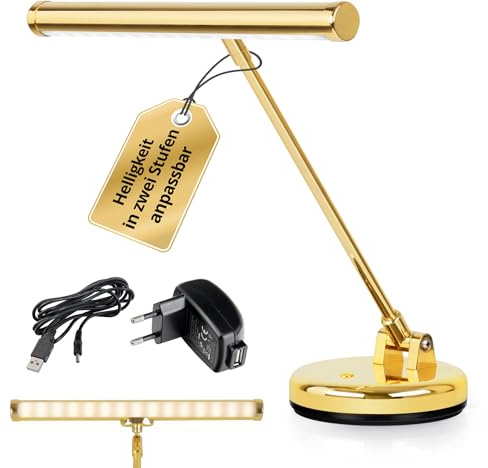 Showlite PL-1-GD-KW LED Klavierleuchte - Klavierlampe mit 15 LEDs - kaltweißes Licht in 2 Stufen - 36 cm Höhe - Betrieb per USB, Netzstrom oder Batterie - gold hochglanz