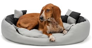 lionto Hundebett 4-in-1 mit Wendekissen aus robustem Oxford, 85x70 cm, Heimtierkissen Kratzfest mit tiefem Einstieg für Katzen und Hunde Aller Größen, inkl. Zierkissen, wasserabweisend, grau/schwarz