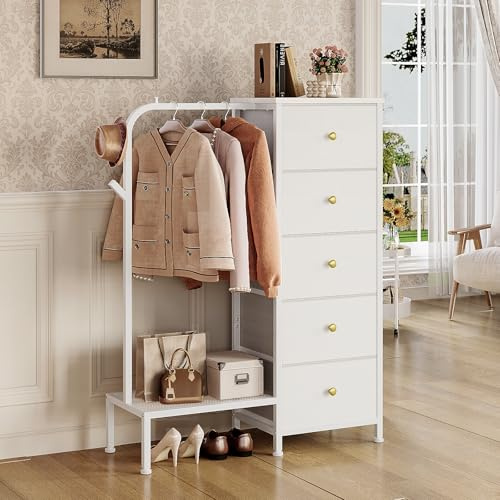 Trironsun Schmaler Stoffkommode mit 5 Schubladen und Kleiderstange Kinderkleiderschrank mit Hängeregal umkehrbar montierbar platzsparender Kleiderschrank für Schlafzimmer oder Kinderzimmer (Weiß)