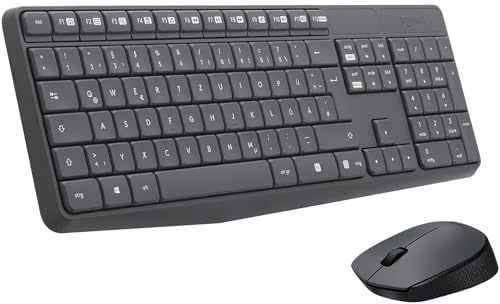 Logitech MK235 Kabelloses Set mit Tastatur und Maus für Windows, 2,4 GHz kabelloser Unifying-USB-Empfänger, 15 FN-Tasten, Lange Batterielaufzeit, PC, Laptop, Deutsches QWERTZ-Layout - Grau