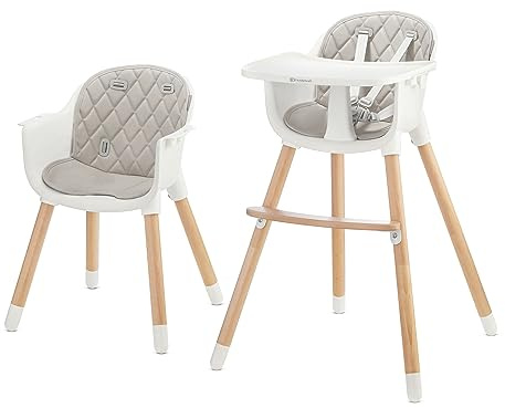 Kinderkraft Hochstuhl SIENNA 2 in 1, Kinderhochstuhl, Babystuhl, Kombihochstuhl, Beine aus Holz, 5-Punkt-Gurt, Fußstütze, abnehmbare Tablett, Rutschfeste Stuhlbeinkappen, ab 6 Monate bis 4 Jahre, Grau