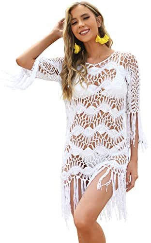 BOUTIKS Damen Bikini Cover Up Handgemachte Häkel Strandkleid mit Fransen Hohlmuster, Sommerliche Ausgehöhlte Strand Quasten Vertuschung