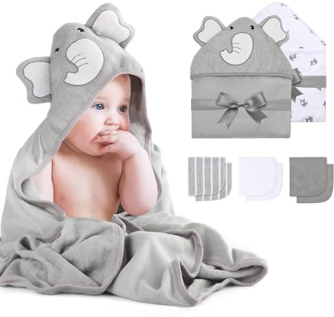 momcozy Baby Badetuch Set, 8-teiliges Babyhandtuch Set, 2X Baby Kapuzenhandtuch 76X76 cm und 6X Baby Waschlappen 24x24cm, Babyhandtuch mit Kapuze für Neugeborene, Weich & Super Saugfähig, Unisex