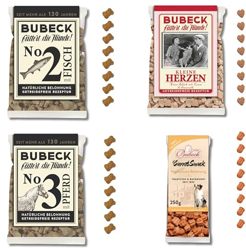 Bubeck Hundekekse Probierpaket 4-teilig – Getreidefrei & Ohne Zucker – Trainingsleckerli Set mit Pferd, Fisch, Lamm und Amaranth-Herzen & Karotte – 4X 210g/250g Belohnungssnacks