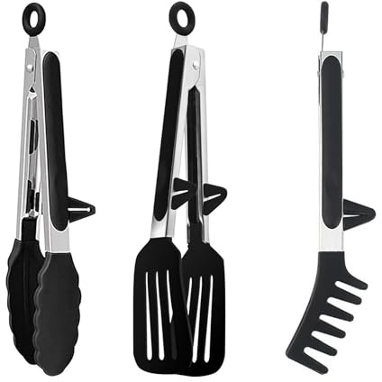 Neuytiky 3 Stück Grillzange Edelstahl mit Ständer,Spaghettizange,KüChenzange,Kochzange,Premium-Küchenzange aus Edelstahl,für Spaghetti,Steak,Kuchen,Pizza,Salat