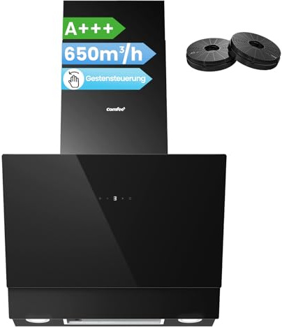 COMFEE' CH60J72ET6A3B A+++ Dunstabzugshaube 60 cm, 650m³/h Luftstrom, Kopffreihaube 60cm Umluft und Abluft, Touchscreen, Gestensteuerung, 4 Geschwindigkeiten, LED, Schwarz