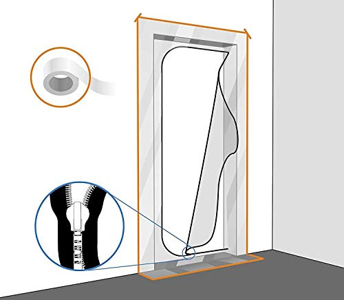 Staubschutztür mit Reißverschluss 220x120cm - Extra Starke Bautür für Renovierung & Sanierung - Wiederverwendbare Schmutzschleuse gegen Baustaub - Lichtdurchlässige Staubschutzwand inkl. Klebeband