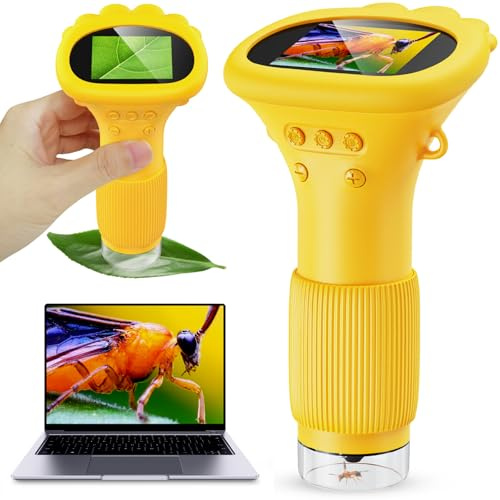 Handy-Mikroskop für Kinder, Ashfly 1000X tragbares Taschenmikroskop, 2,0 IPS-Bildschirm USB Microscope LED Lights -Anschluss an PC, Mini-Mikroskop draussen ab 3 Jahren-Orange(Bildungsgeschenk)