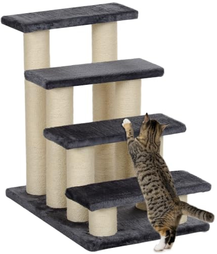 PawHut Tiertreppe Katzentreppe Hundetreppe 4 Stufen Treppe für Katze und Hunde Plüsch Grau 60 x 42 x 61 cm