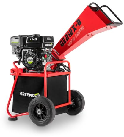 GREENCUT GE212X-B – Benzin-Häcksler 212 ccm, 7 PS, zerkleinert Äste bis zu 50 mm, inklusive 64-Liter-Sack, mit Rädern und Tragegriff, rot