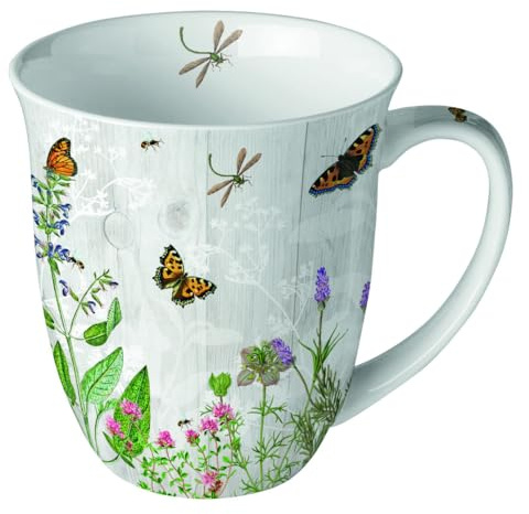 Tasse 10cm Porzellan mit Blumen Gräser & Insekten Motiv - 0,4L Keramiktasse Porzellangeschirr - Kaffeetasse Teetasse Kakaotasse - Tassen & Becher für Frühling & Sommer - Porzellantasse Grau Grün