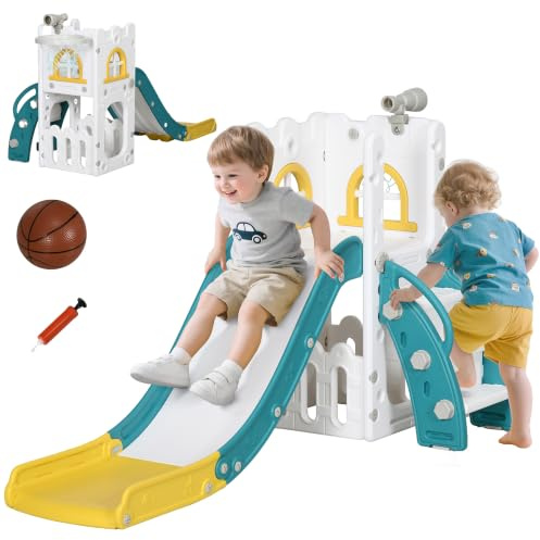 AIYAPLAY Kinderrutsche 5 in 1 für Kinder 1-3 Jahre Gelb 70 x 177 x 92 cm | Kleinkinderrutsche mit Basketballkorb, Teleskop Klettergerüst, Aufbewahrungskorb, Rutsche mit Basketball, Indoor