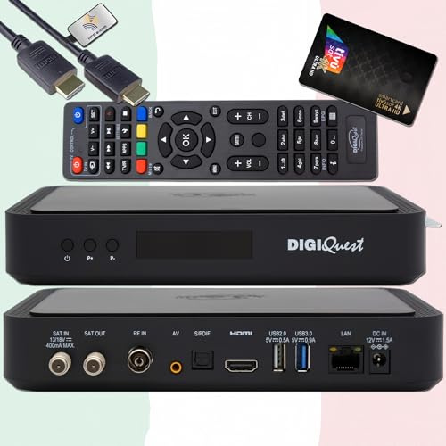 DigiQuest Q99 4K Sat-Receiver mit TivùSat Black Karte, HTS eCom HDMI | Nicht aktiviert, Tivu zertifiziert, Combo Receiver DVB-S2/T2, Italien TV, Rai, Mediaset, LA7, HEVC HDR10, PVR Ready, LAN, USB