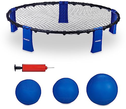 Relaxdays Roundnet Set, Netz, 3 Bälle, Ballpumpe & Tragetasche, Outdoor Ballspiel, Strand, Garten, Park, schwarz/blau