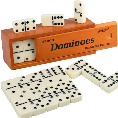 Smilejoy Dominos Set für Erwachsene -Jumbo Größe Dominos Doppel Sechs Edition- Klassische Brettspiele- Dicke Größe Doppel 6 Domino Set mit Deluxe Braun Holz Box, 28 Fliesen (2-4 Spieler)