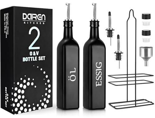 DaiRen Kitchen 2-tlg. Öl- und Essigspender-Set, Schwarz-Weiß Olivenölflaschen-Spender mit Ablagehalter und Edelstahl-Ausguss, 500 ml süßes Vintage-Glas-Set für die ländliche Küche (Typ 2)