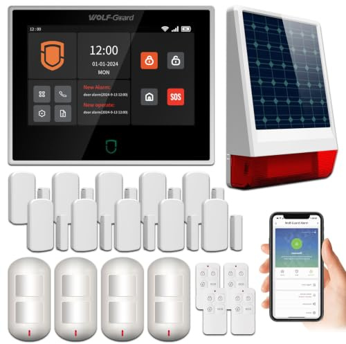 Wolf Guard WT4F WLAN 4G GSM Heimalarmanlage Plus, Alarmanlage Haus mit 7-Zoll-Touchscreen, kabelloser Solar-Außensirene, Bewegungsmelder, Tür-/Fenstersensor und Tuya Smartlife App
