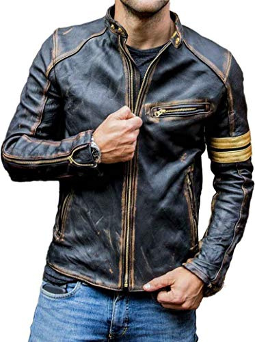 Echte Lederjacke für Herren | Cafe Racer Schwarze Leder-Motorradjacke | Mit Vintage-Details im Used-Look, Schwarz , L