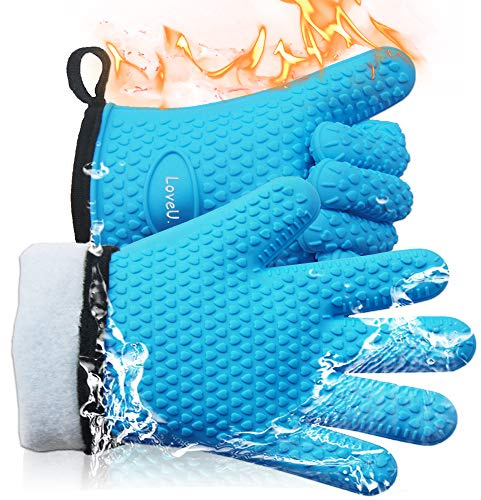 Ofenhandschuhe Silikon, Doppelschicht Backhandschuhe aus Silikon Baumwolle | Hitzebeständige Kochhandschuhe/Grillhandschuhe/Wasserdichte Küchenhandschuhe, Perfekt zum BBQ Backen, 1 Paar