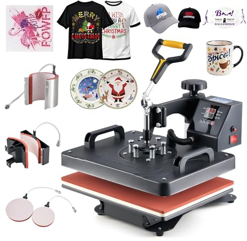CREWORKS Transferpresse 38x30cm Heißpressmaschine 5-in-1 Wärmepressmaschine Hitzepresse 360 Grad Schwenkbar Tassenpresse und Kappenpresse, Tassen-, Hut-, Kappen- und T-Shirt-Druckmaschine für zu Hause