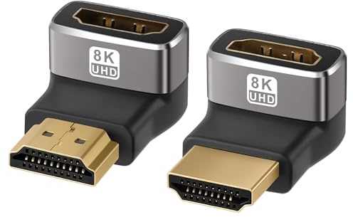 HDMI Adapter 2 Stück — 8K Ultra HD Bidirektionaler 90° & 270° abgewinkelter Stecker auf Buchse — HDMI-Kupplungsverbinder, 8K@60Hz / 4K@120Hz, Aluminiumgehäuse, HDMI 2.1, HDR, VRR, Dolby, eARC, 3D