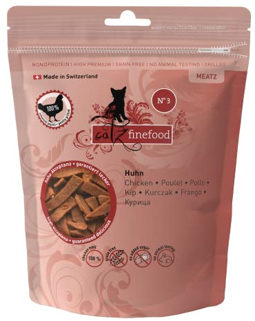 catz finefood Meatz Katzen Leckerlies Huhn N° 3 - knusprige Fleischstreifen, gegrilltes Hühnerfleisch mit Biotin für gänzendes Fell - Katzensnack ohne Zucker, getreidefrei, 45g
