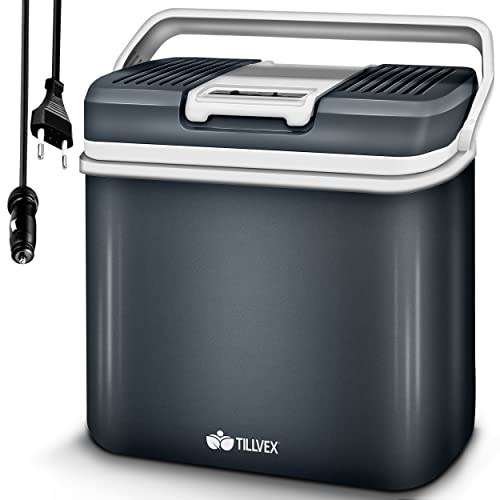 tillvex® Kühlbox elektrisch 24L | zum Kühlen und Warmhalten | 12 V & 230 V | Elektrische Kühlbox mit ECO & MAX Modus | Mini Kühlschrank für Auto und Steckdose | KFZ Camping Festival Reise | Sehr leise