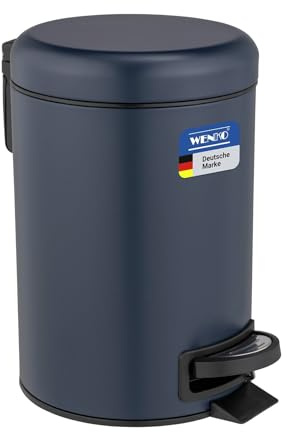 WENKO Kosmetikeimer 3 Liter, Stahl, herausnehmbarer Inneneimer mit Müllbeutelhalter, Mülleimer fürs Bad mit Deckel und Tretfunktion, ausklappbarer Tragegriff, Dunkelblau matt, Mod. Leman