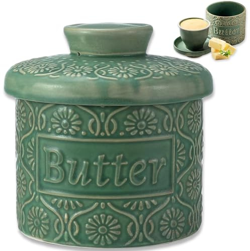 Butterglocke Keramik,Französische Butterdose Mit Wasserkühlung,Butterkühler 150g,Butterdosen Mit Deckelf,Buttertopf Für Frische Und Streichfähige Butter,Butterdose Wasser (Grün, 6.7oz)