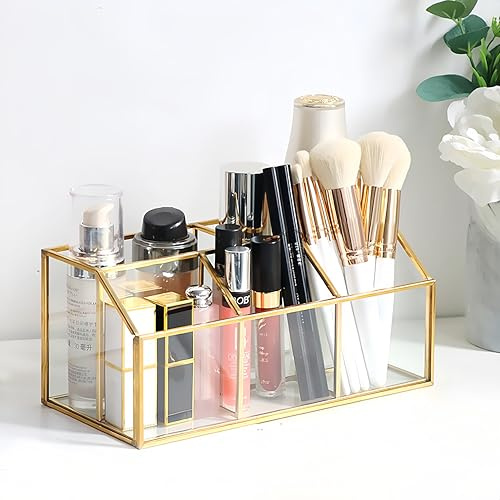 HARLIANGXY Kosmetik Organizer, Make up Organizer Gold, 5 Fächer Vintage Schminktisch Organizer, Pinselhalter Glas, Schminkpinsel Aufbewahrung Box, Cosmetic Organizer für Badezimmer Schlafzimmer