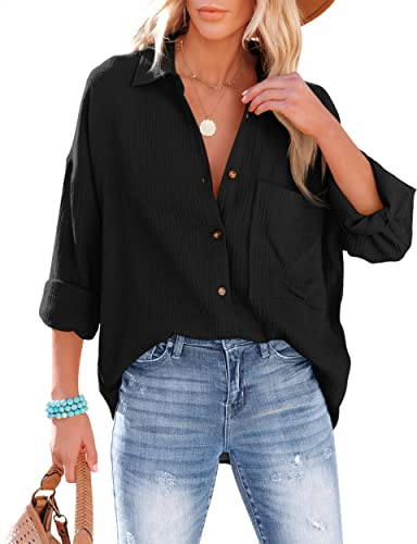 NONSAR Bluse Damen Lässiges Hemd mit V-Ausschnitt 100% Baumwolle Lockere Passform Solide Dickes Oberteil Elegant mit Tasche