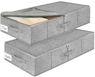 mepure Unterbett Aufbewahrungsbox, 2 Stück – 50L Faltbare Unterbettkommode mit Deckel & Doppelreißverschluss, Waschbare Unterbettbox für Kleidung, Decken, Bettlaken, Kissen, 76×38×17cm, Grau