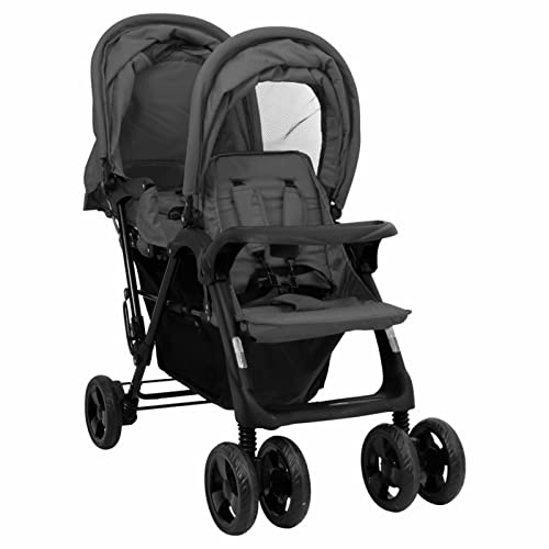 Tidyard Geschwisterwagen mit verstellbare Dach & Ablagekorb Zusammenklappbar Kinderwagen Dunkelgrau Stahl