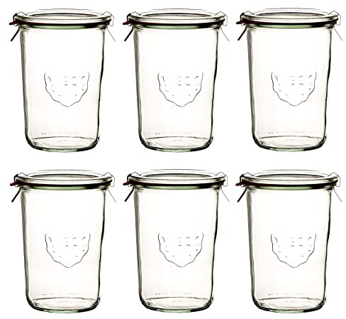 Weck 6x Sturzglas 850ml (3/4 Liter) mit Gummiring und 2 Klammern