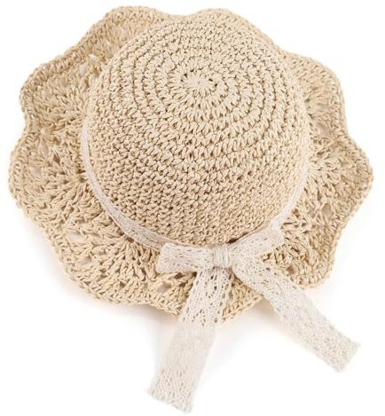 Aiyomimo Strohhut- Weicher Faltbarer Baby Sonnenhut für Mädchen, Atmungsaktive Kappe für Sommer Strand Outdoor Spielen (DE/NL/SE/PL, Alter, 1 Jahr, 2 Jahre, Spitzenschleife-Beige)
