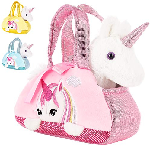 BRUBAKER Einhorn Tasche Weiß - 20 cm - Rosa | Plüschtier in Handtasche - Plüsch Stofftier Kuscheltier