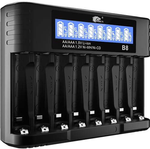 IMREN Akku Ladegerät AA AAA, 8 Slots 1.2V NiMH/NiCD 1.5V Lithium AA/AAA Batterien Ladegerät, 5V 2A Typ-C Schnelles Intelligentes Akkuladegerät mit LCD Display