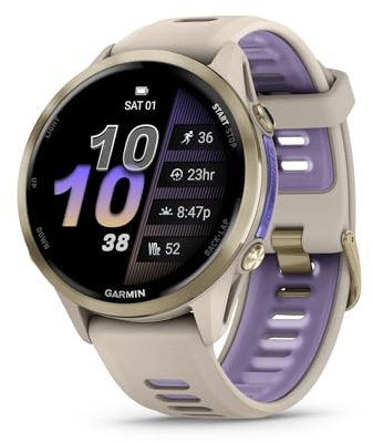 Garmin® Forerunner® 970 Premium GPS-Lauf- und Triathlon-Smartwatch, AMOLED-Display, integrierte LED-Taschenlampe, weiches goldfarbenes Titan mit französischem grauem Gehäuse und französischem grauem