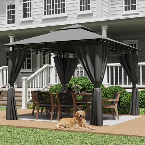 JUMMICO Garten pavillon 3x3m Doppeldach, pavillon 3x3 wasserdicht stabil,Geeignet für Garten und Terrasse, mit verstärkten Bodenankern,Mit Vier Seitenwänden, schützt vor Sonne und Regen,Grau