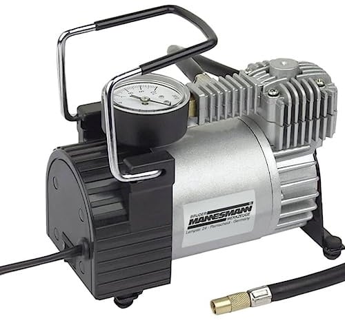 Brüder Mannesmann Mini-Alu-Kompressor 12 Volt - leistungsstarker Kompressor, 140 PSI / 10 bar - 35 l/min Förderleistung für PKW-Reifen uvm. - inkl. 4 Adapter, Manometer & Tasche | M01790
