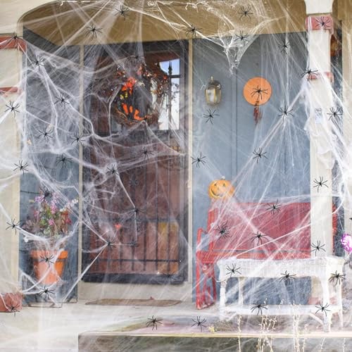 kiaitre Halloween Spinnennetz Deko, 200g mit 30 Spinnen | Dehnbares Spinnennetz für außen & innen. Deckt bis zu 1800 qm ab. Perfekt für Spukhaus, Garten, Hof, Party & Horror-Deko. 
