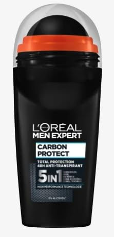 L'Oréal Men Expert Deo für Männer, 5-in-1 Deoroller gegen Geruchsbildung, Nässe, Bakterien und weiße Rückstände für bis zu 72 Stunden Frische, Carbon Protect, 6 x 50 ml